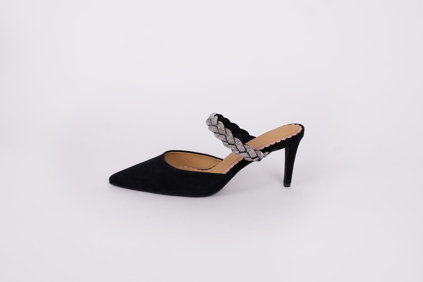 Side profile of womens larger sized stiletto heel in black. Available in UK sizes 8-12