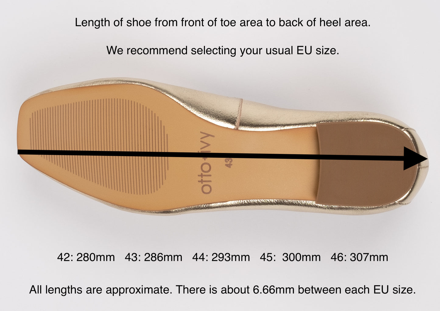 Length diagram displaying measurements of sizes 42-46