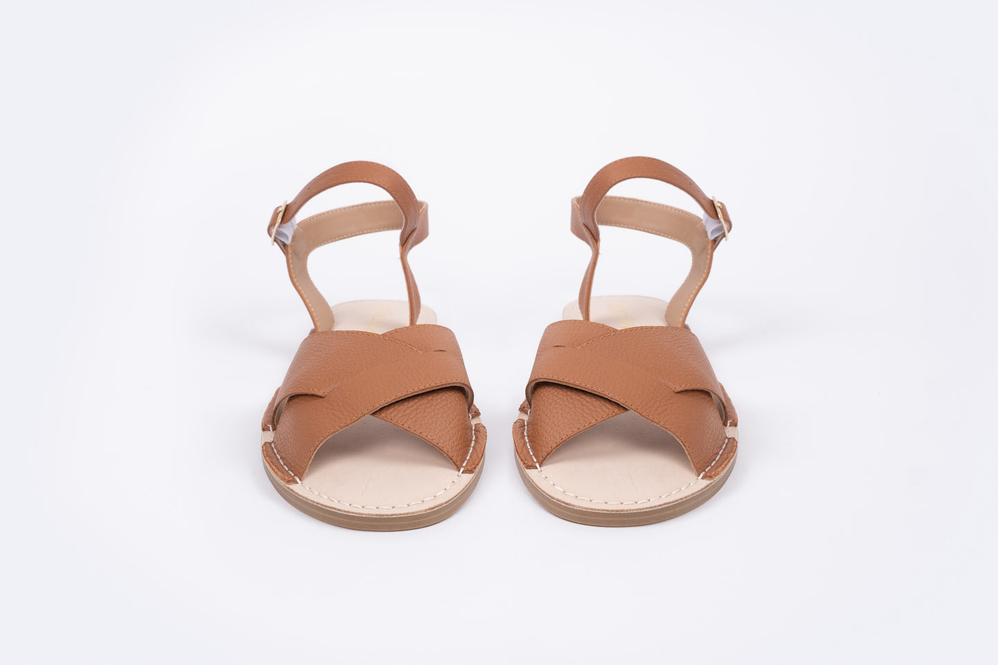 Front veiw of Orla sandal in Tan colour, a womens leather sandal available in larger womens European sizes 42-46