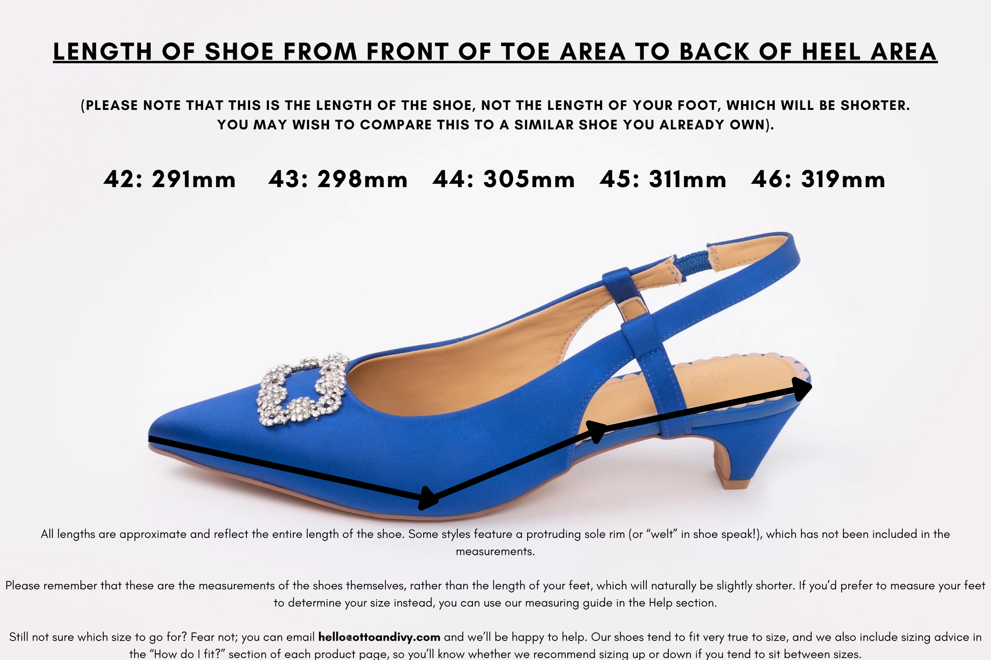 Measurement diagram displaying lengths of womens large size shoes in sizes 42,43,44,45 and 46.