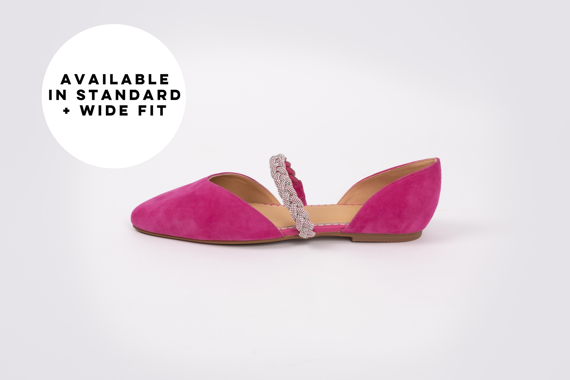 Large sized womens fuchsia suede flat shoe with sparkly details available ib large sizes 8 9 10 11 12, standard and wide fit