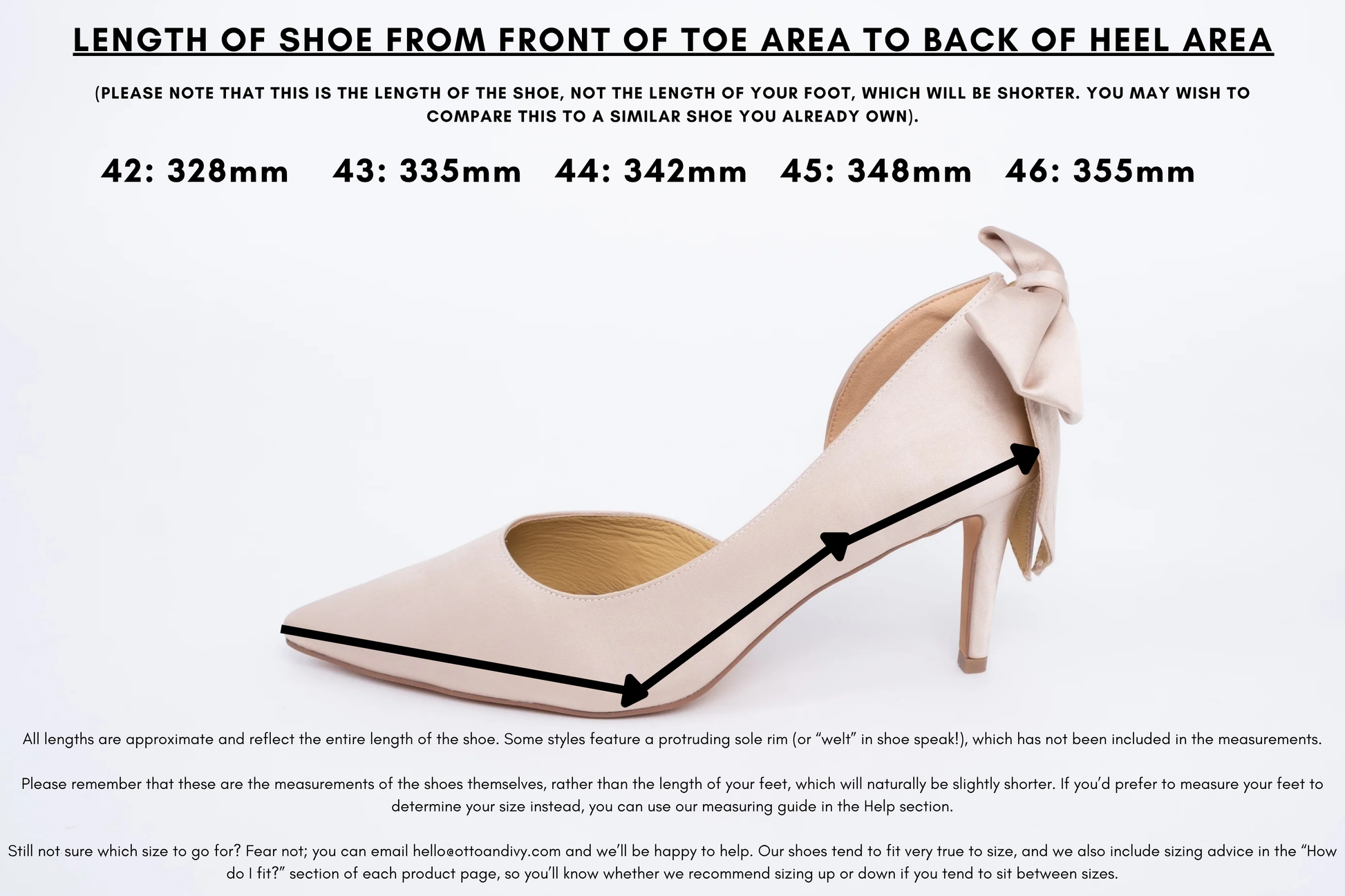 Measurement diagram displaying lengths of womens large size shoes in sizes 42,43,44,45 and 46.