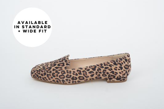 Side shot of leopard print flat womens shoe available in uk sizes 8-12, astndarad and wide fit