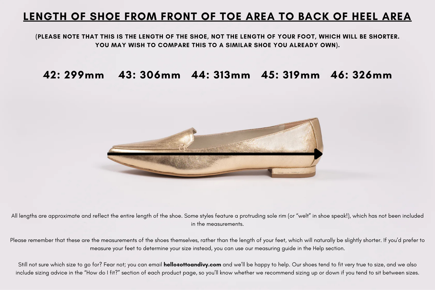 Measurement diagram displaying lengths of womens large size shoes in sizes 42,43,44,45 and 46.