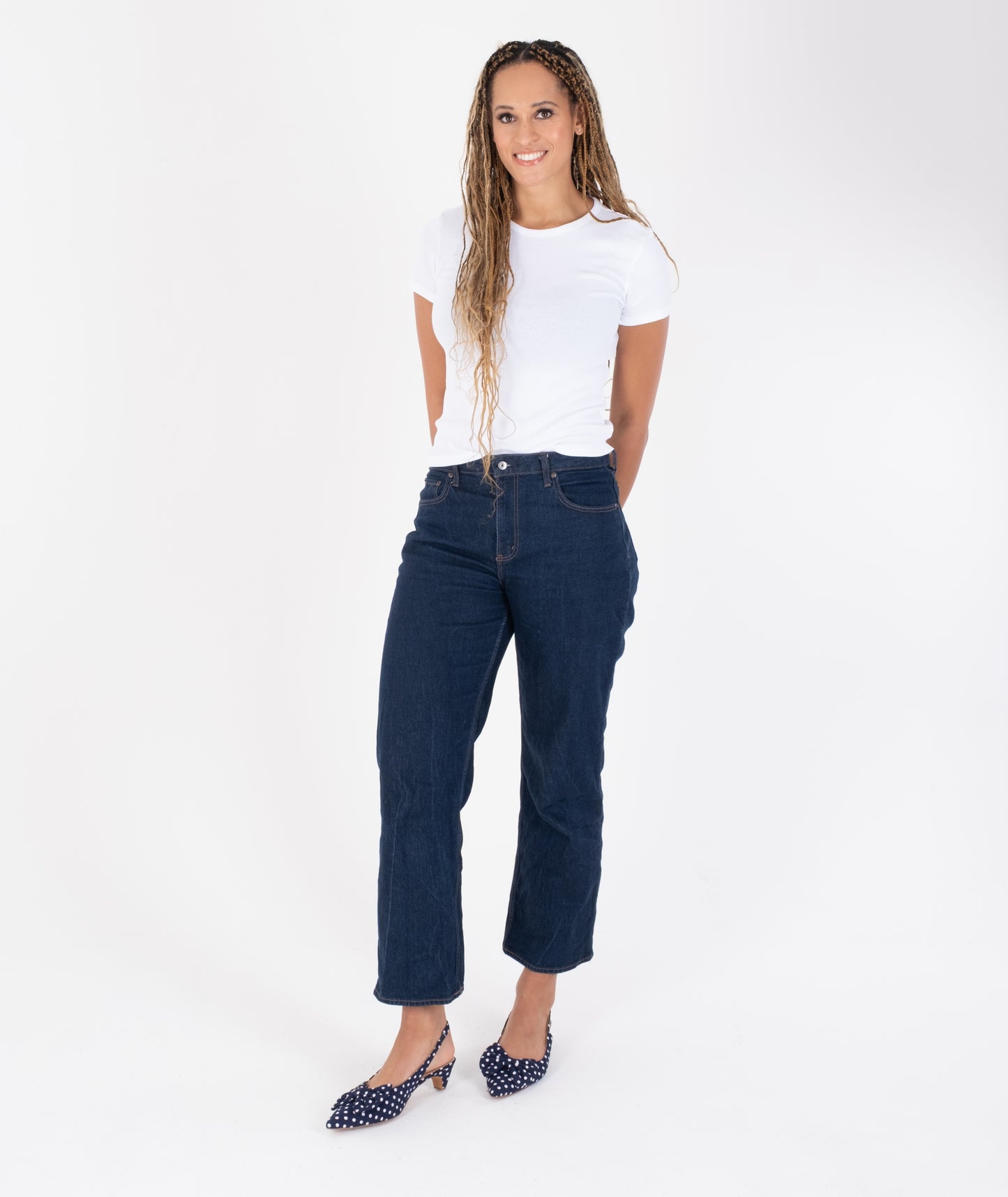 Large sized womens navy blue polka dot slingback heel available in larger sizes