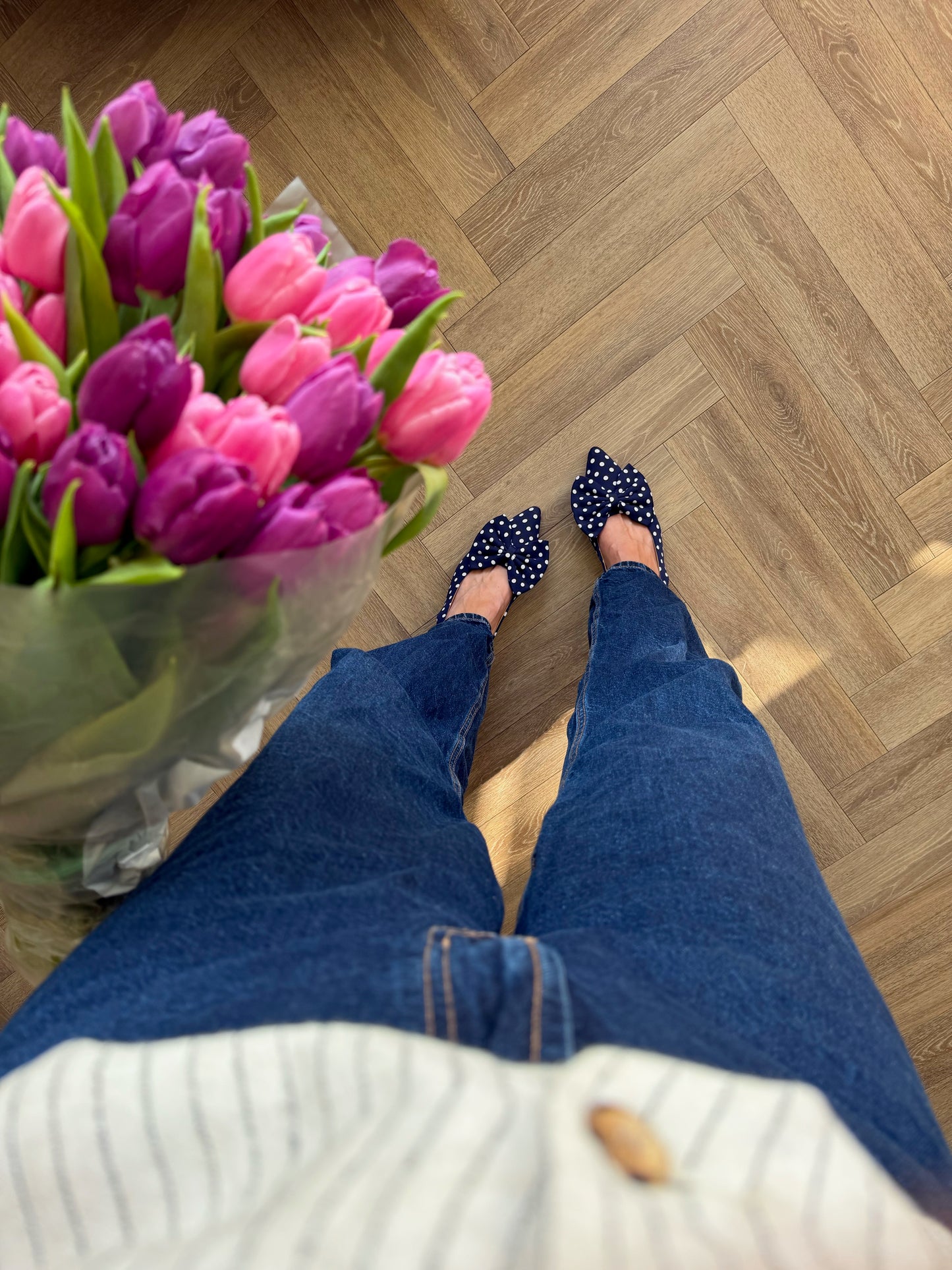 Blue polka dot bow slingback flat shoe sizes 42 43 44 45 46