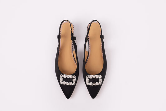 Aerial shot of black silk womens size 9 shoes standard and wide fit