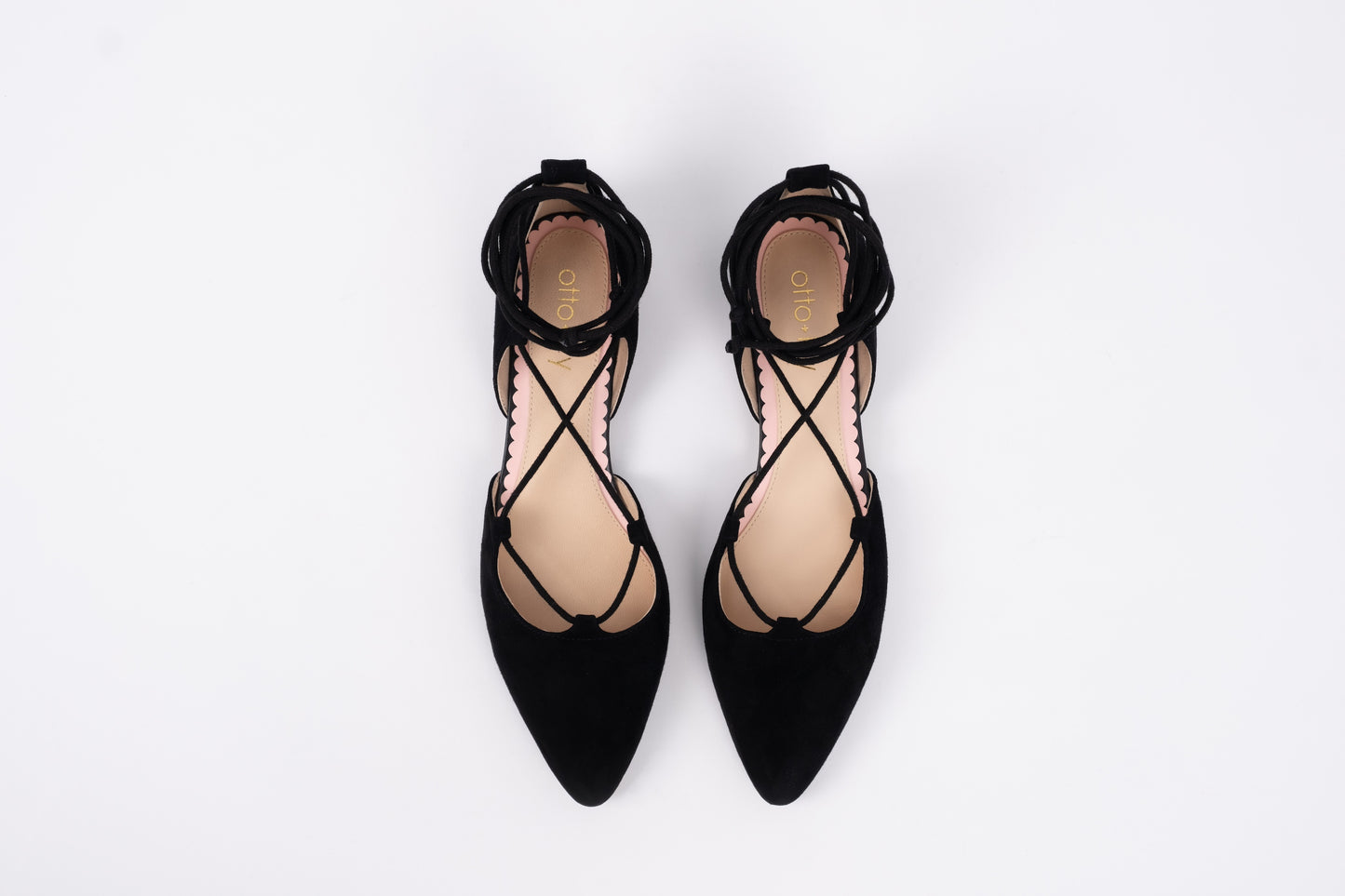 Aerial view of Winnie shoe in black. A Tie up womens pump available in larger  European sizes 42-46