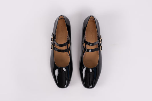 Aerial view of Jemima Flat in black. A women's 2 strap Mary Jane available in larger womens sizes 42-46
