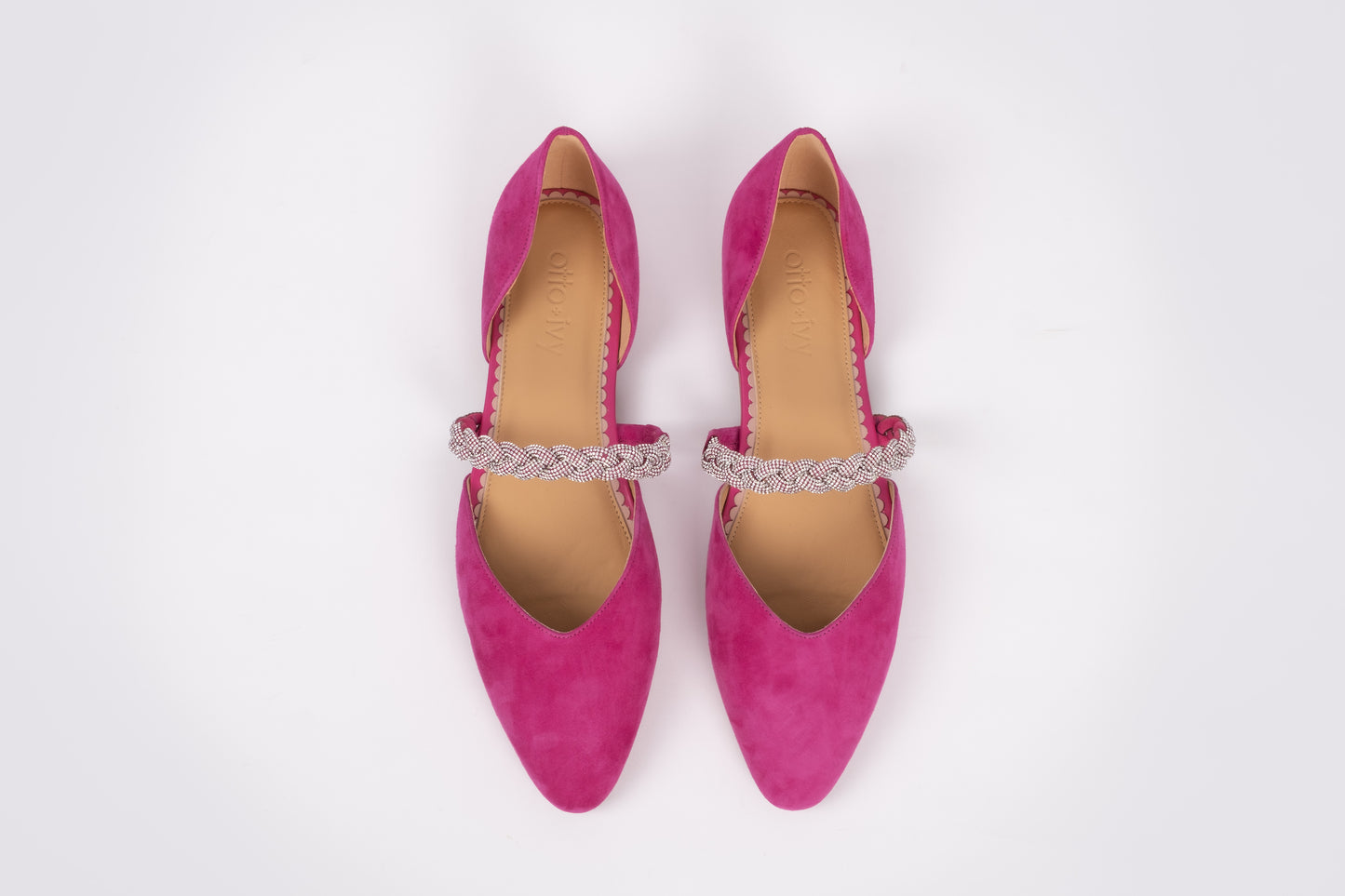 Aerial view of Amber Flat in Fuchsia pink, a womens shot with sparkly strap available in women's sizes 8-12