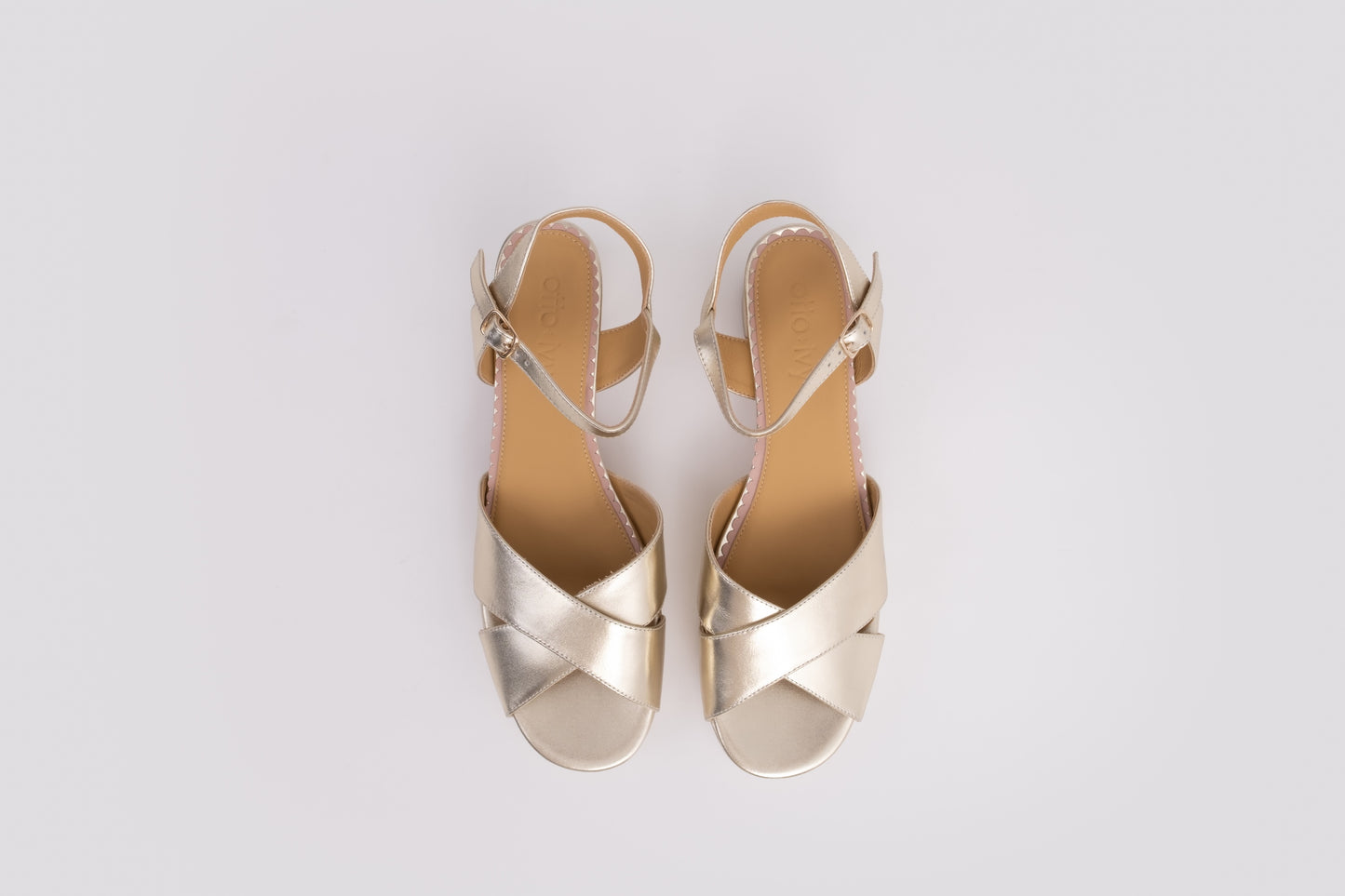 Aerial shot of Frankie sandal in gold, a womens block heeled available in larger UK sizes 8-12