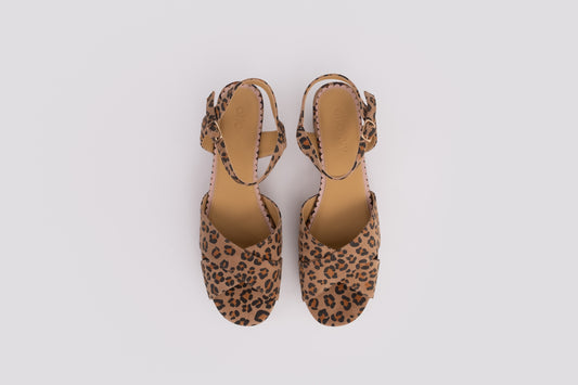 Aerial view of Frankie sandal in leopard print. A womens heel available in larger European sizes 42-46