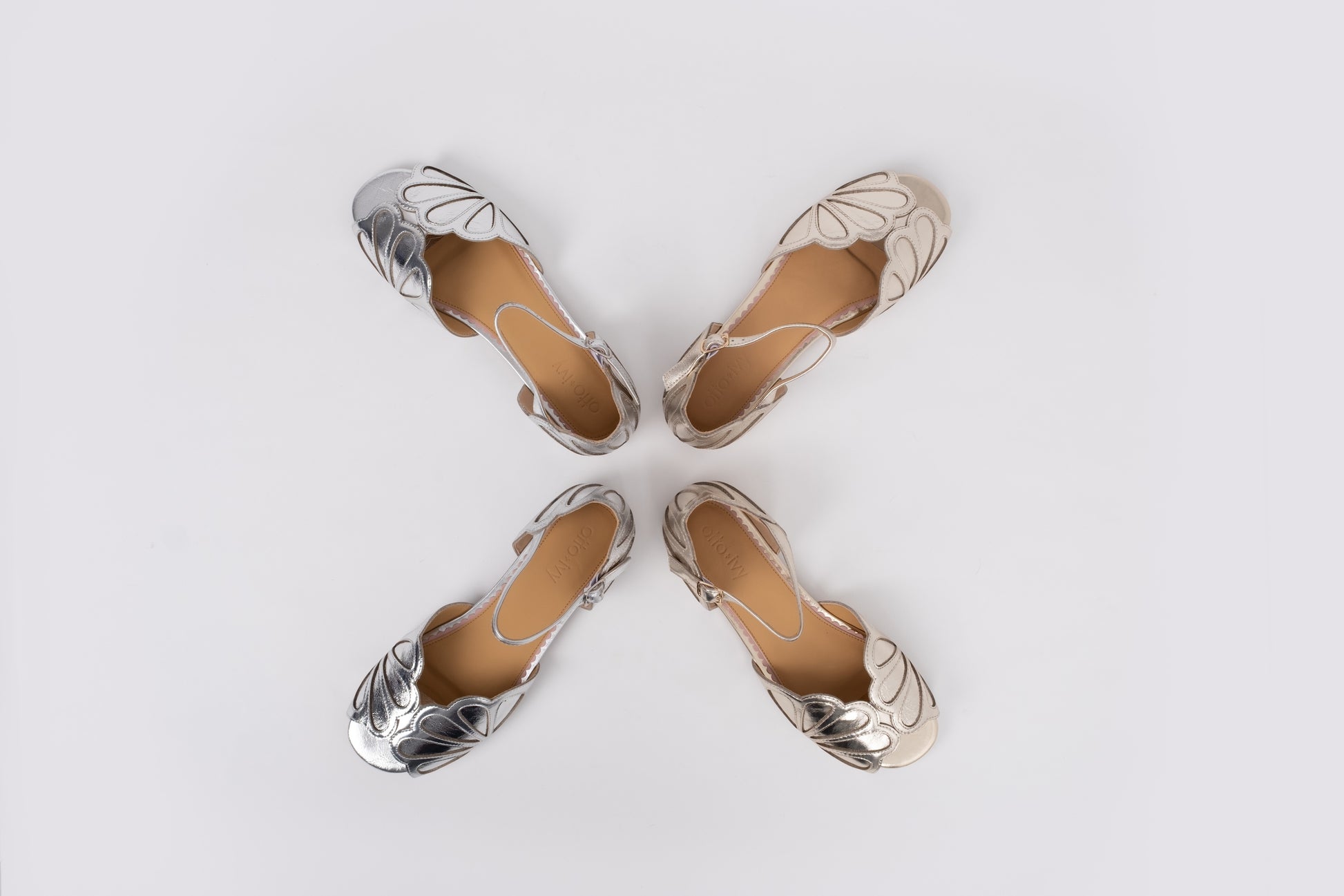 Aerial view of Silver and Gold Lola Sandals. Womens footwear available in larger European sizes 42-46