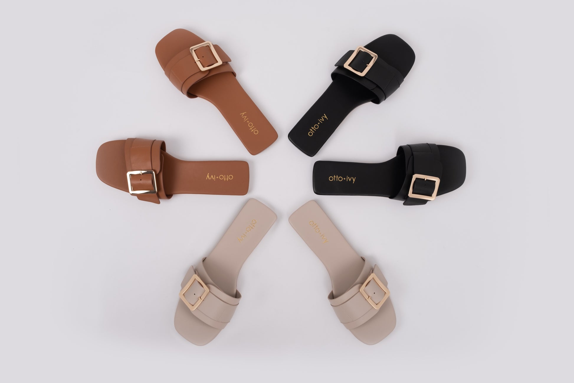 Aerial view of Ruby sandals in all 3 colours, stone, tan and black. Womens sandals available in European sizes 42-46