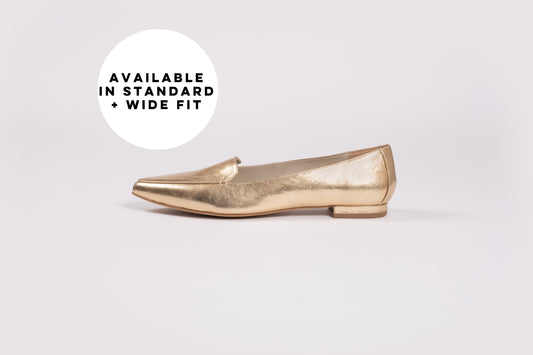 Side profile of Ava Gold. A womens flat shoe available in larger sizes starting from size 8 up to a size 12. Standard and wide fit.