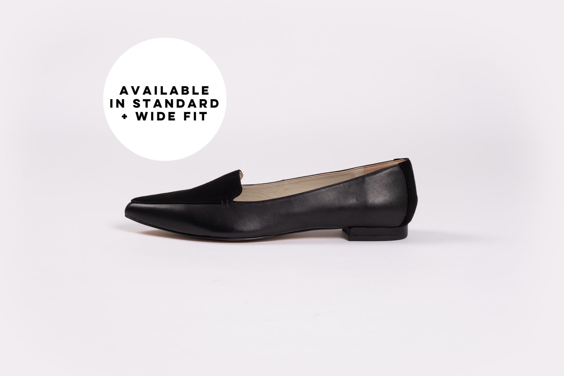 Side profile of womens flat shoe Ava in black. Available in larger European sizes 42-46 and Uk sizes 8-12