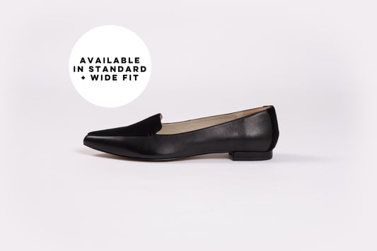 Side profile of womens flat shoe Ava in black. Available in larger European sizes 42-46 and Uk sizes 8-12