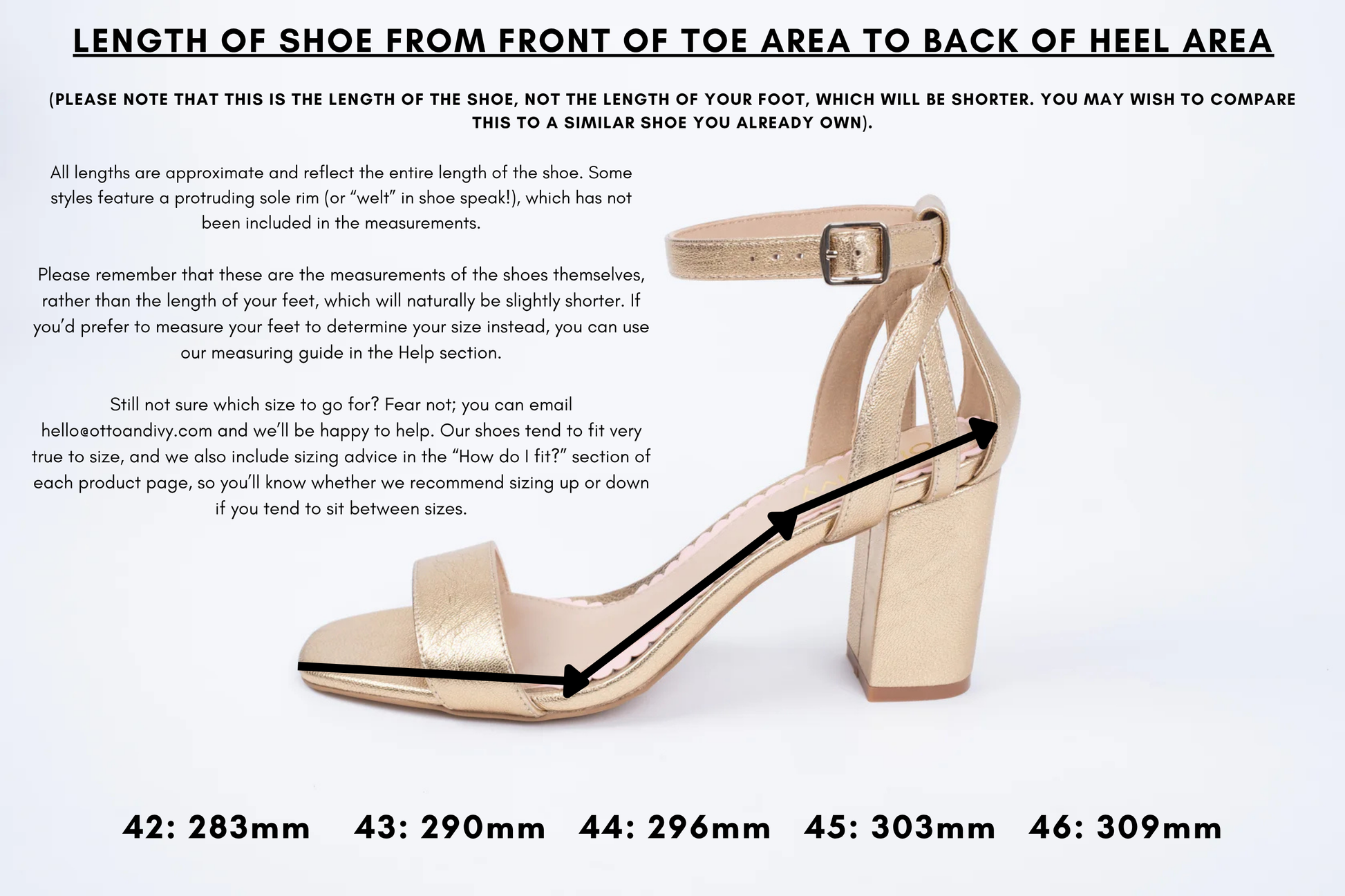 Measurement diagram displaying lengths of womens large size shoes in sizes 42,43,44,45 and 46.