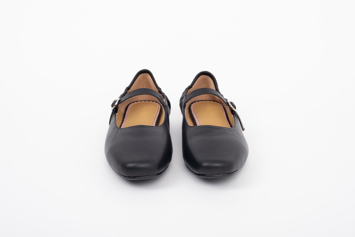 Front shot of womens large size black leather flat Mary Jane one strap shoes in sizes 42 -46