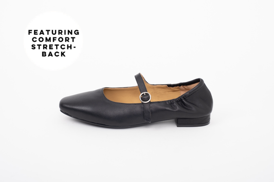 Black leather womens flat shoe with comfort stretch back in large sizes 42 43 44 45 46