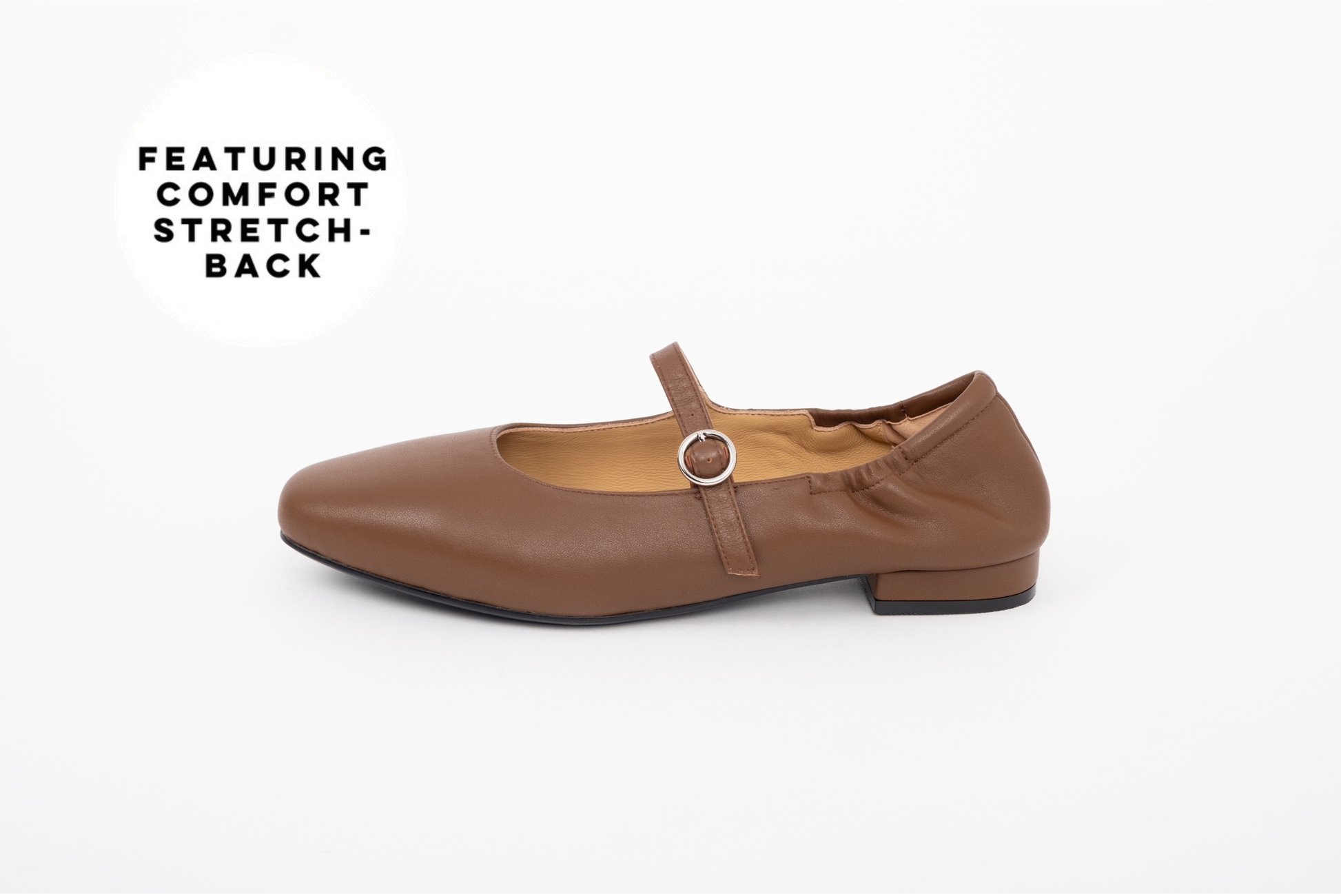 Chocolate leather brown flat shoe with comfort stretch back in larger sizes 42 - 46 