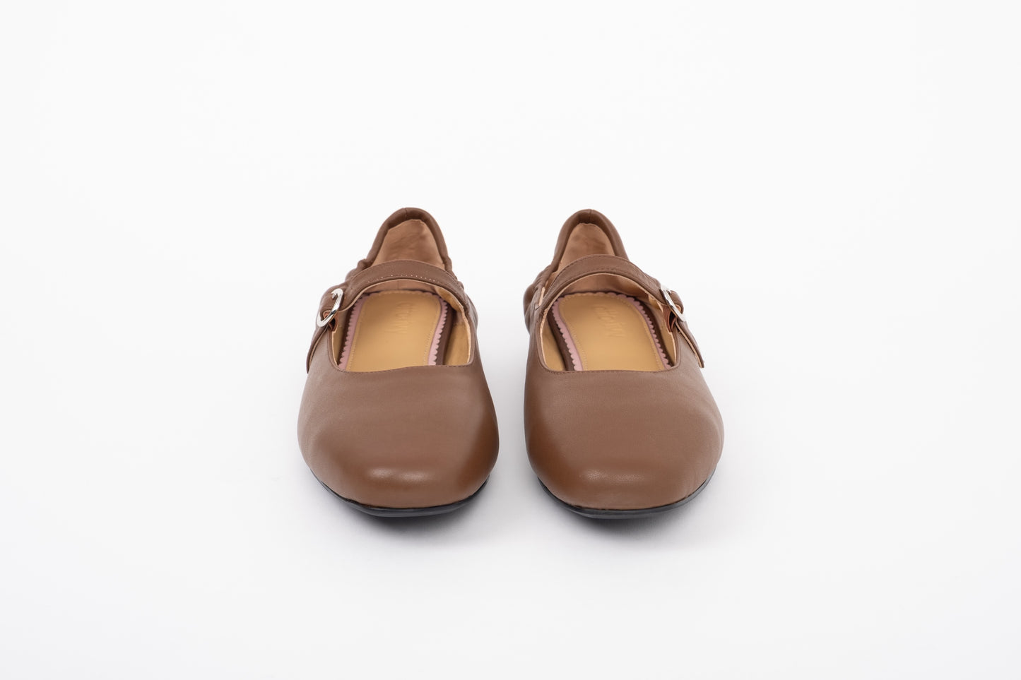 Front shot of brown womens large sizes leather flat shoe in large sizes 42 43 44 45 46