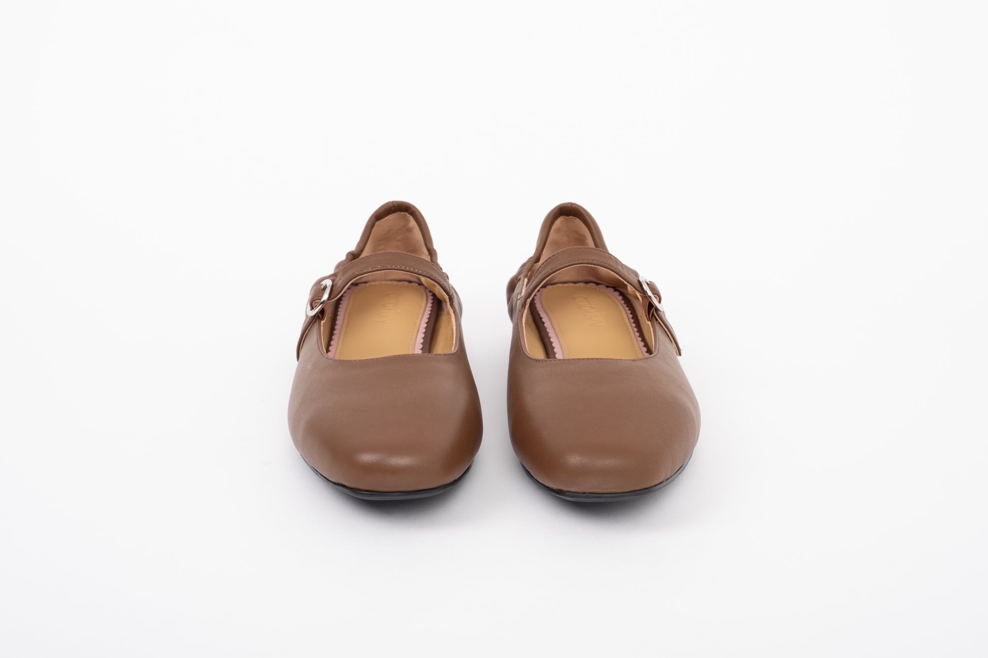 Front shot of brown womens large sizes leather flat shoe in large sizes 42 43 44 45 46
