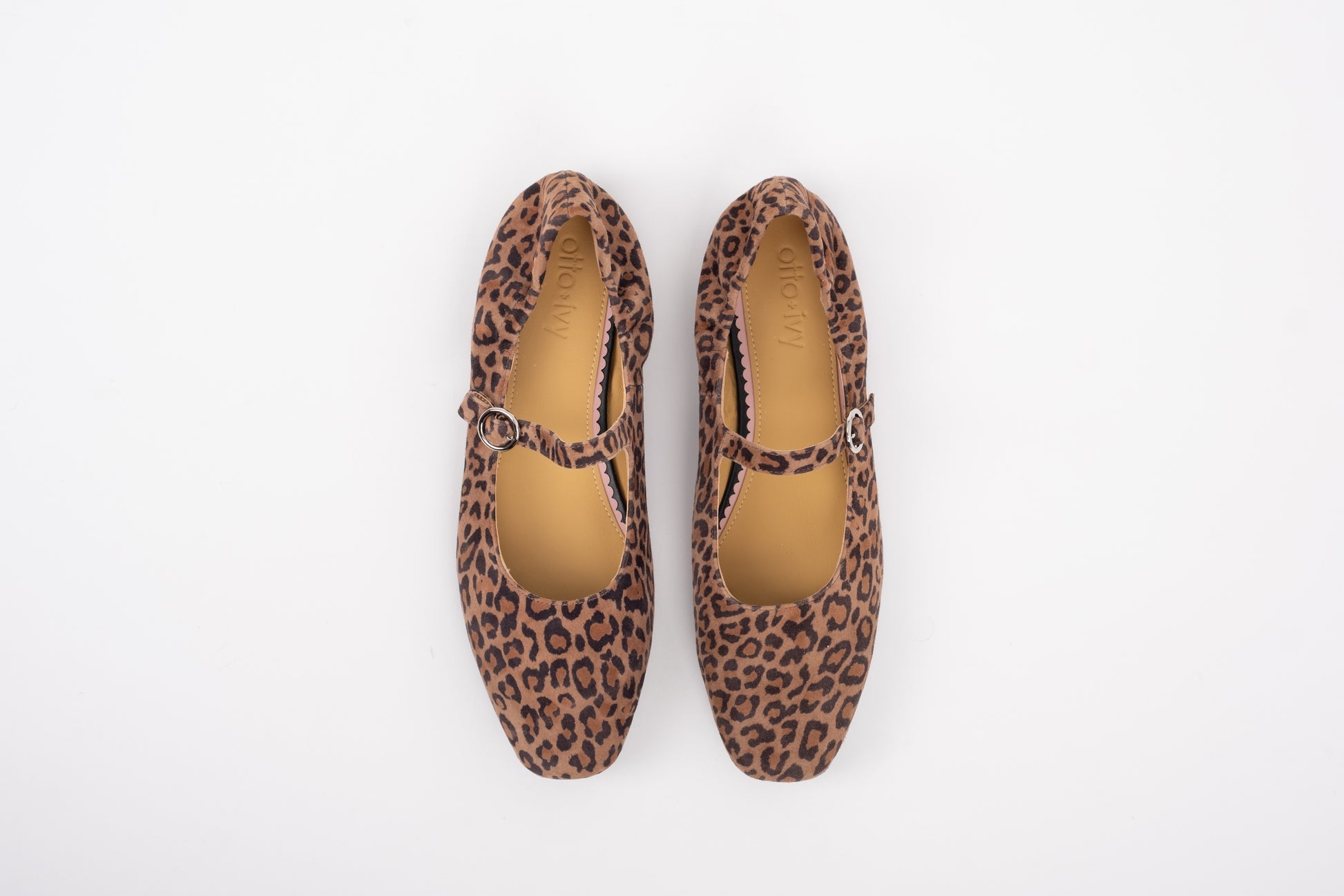 Aerial shot of womens leopard print large sized flat shoe in sizes 8 9 10 11 12