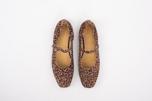Aerial shot of womens leopard print large sized flat shoe in sizes 8 9 10 11 12