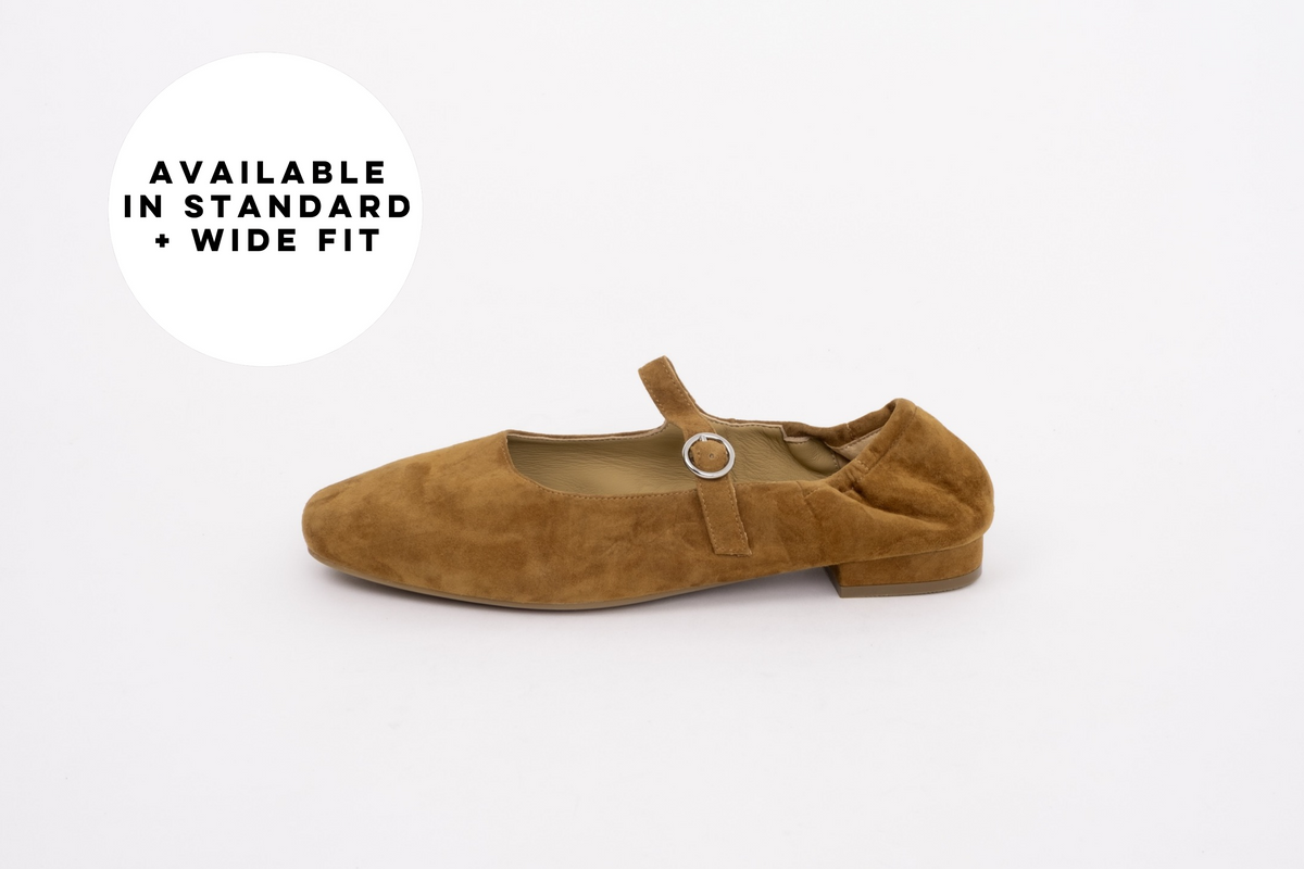 Tan suede Mary Jane in womens large sizes 42-46 standard and wide fit.