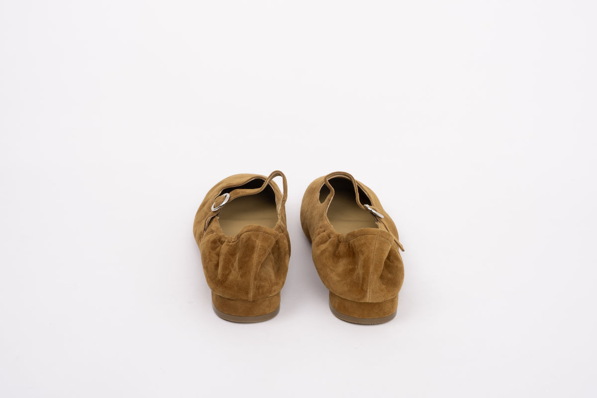 Back shot of womens tan side Mary Jane flat shoes in larger sizes 8 9 10 11 12