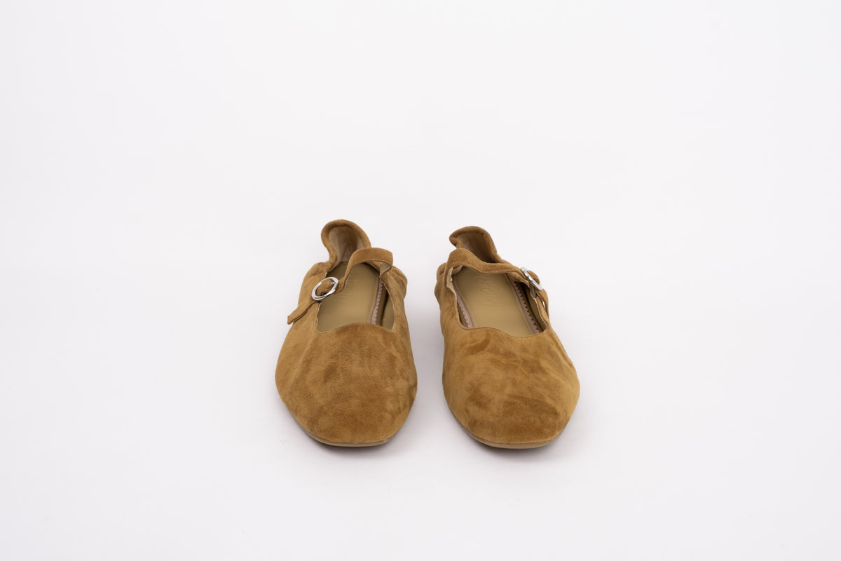 Front shot of womens tan suede Mary Jane shoes in larger sizes 8 9 10 11 12
