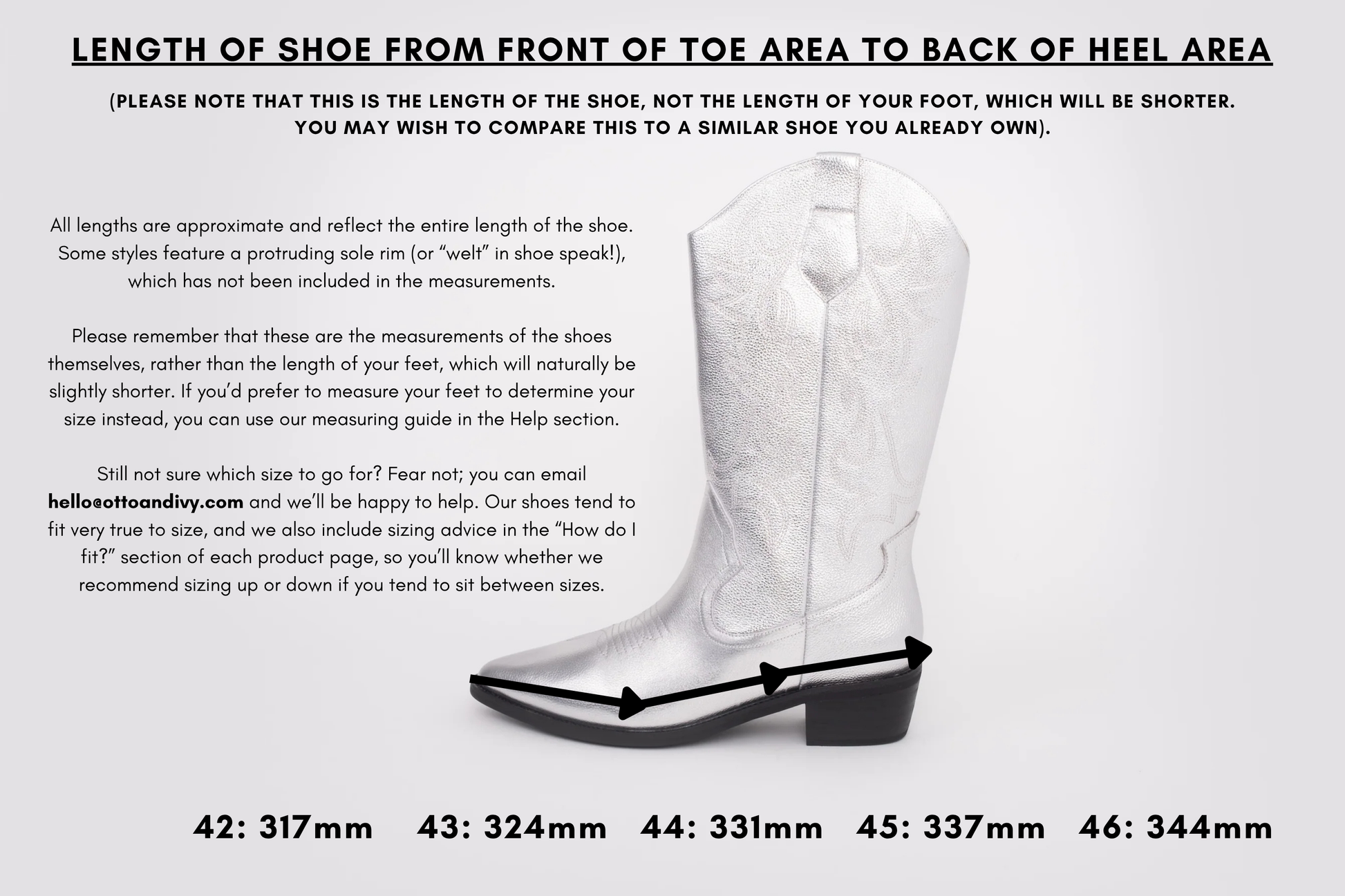 Measurement diagram displaying lengths of womens large size shoes in sizes 42,43,44,45 and 46.