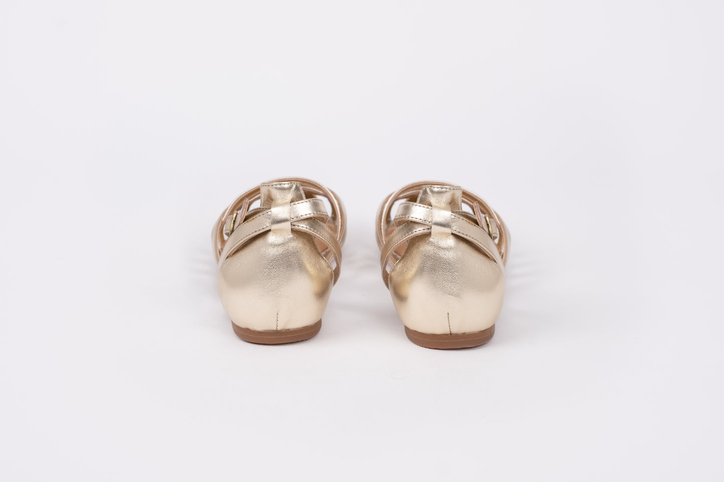 Back view of Gold Daisy sandal. Stylish womens footwear available in larger womens sizes 42-46