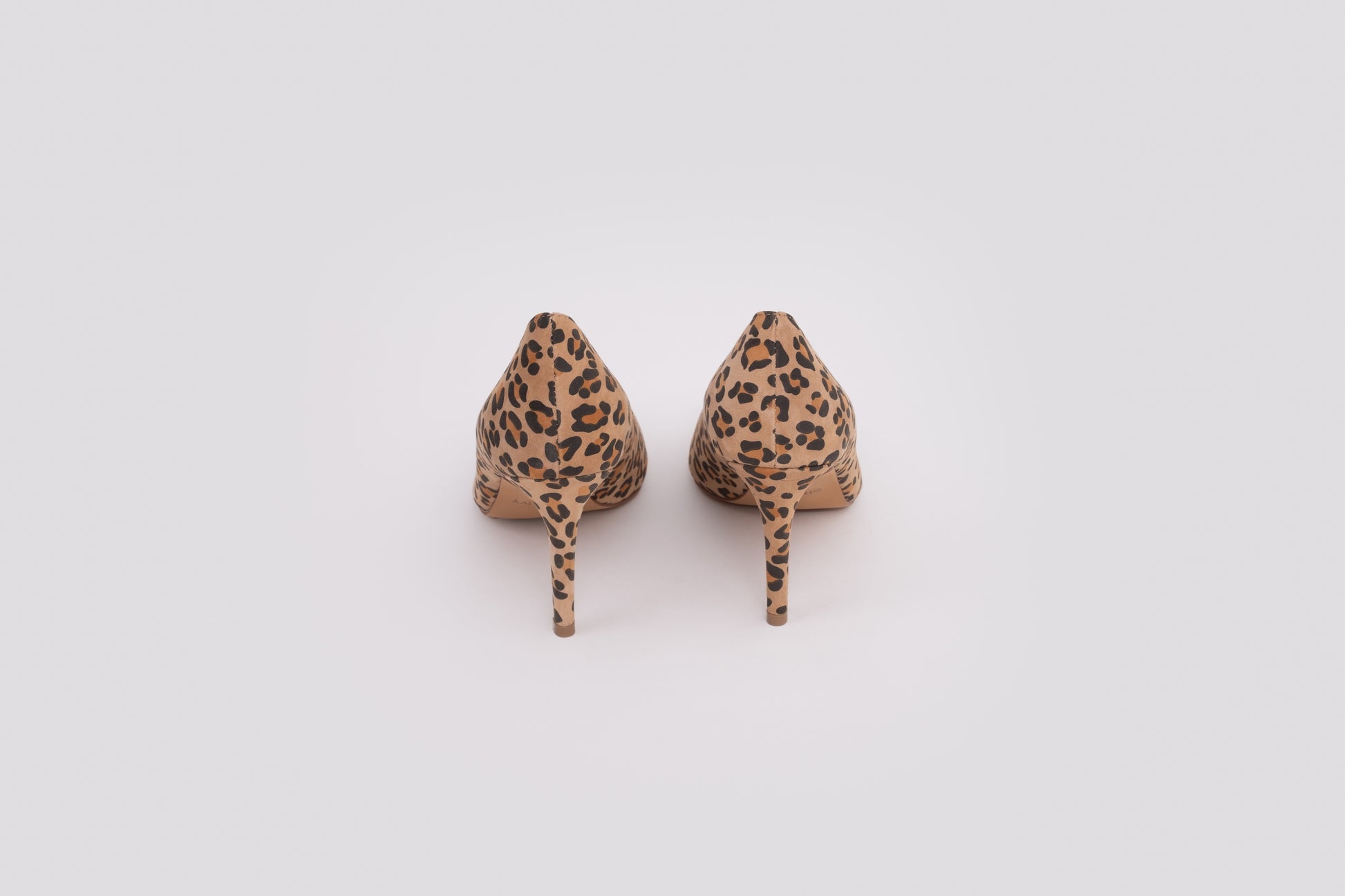 Back shot of womens leopard print heel, Emmie. In womens larger sizes 8-12