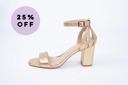 Gold womens heeled strappy sandal in larger sizes 8-12