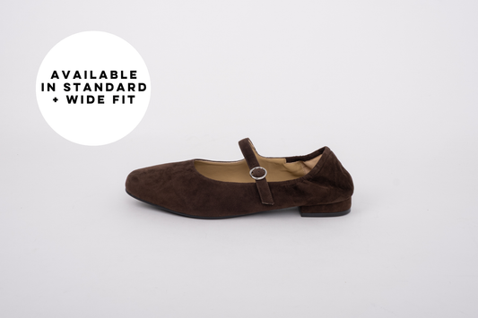 Large size womens chocolate brown suede stretch back Mary Jane shoe in sizes 42 43 44 45 46, wide fit