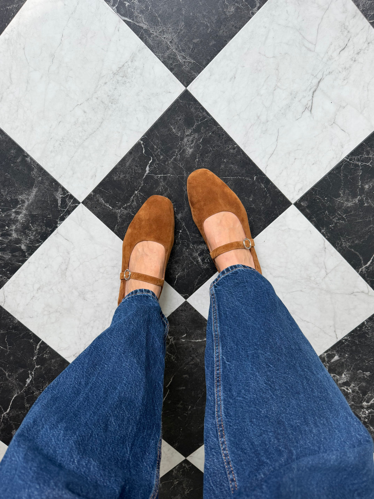Aerial shot of tan suede Mary Jane womens shoes in large sizes 42-46