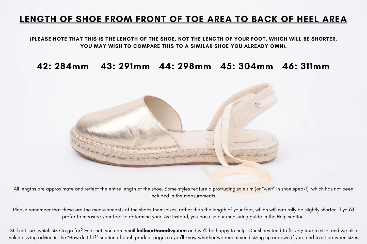 Measurement diagram displaying lengths of womens large size shoes in sizes 42,43,44,45 and 46.