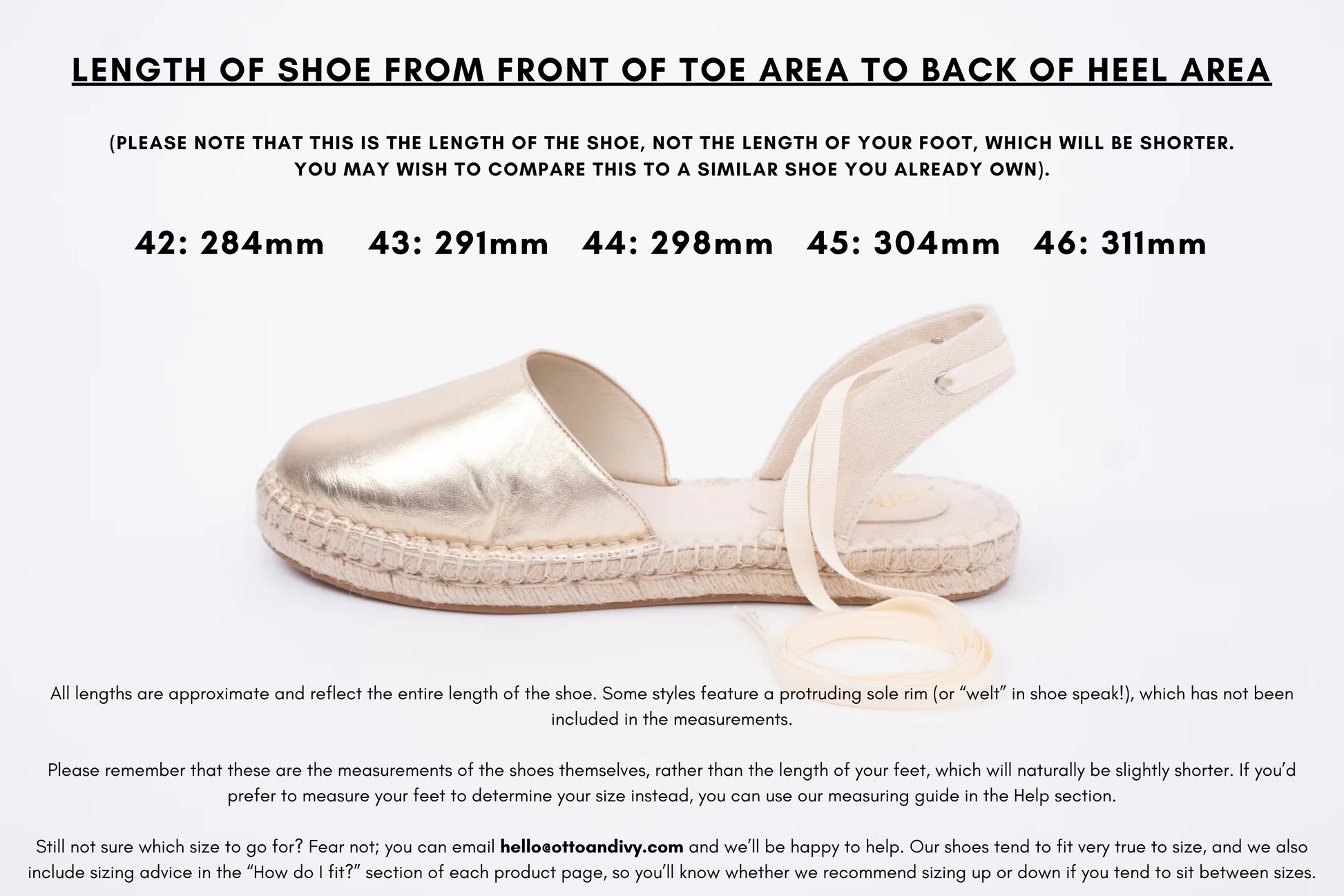 Measurement diagram displaying lengths of womens large size shoes in sizes 42,43,44,45 and 46.
