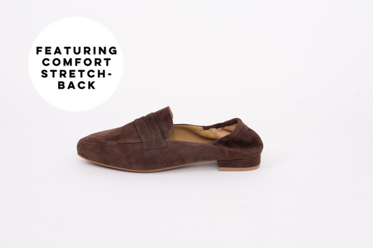 Stretch back womens brown suede loafer in larger sizes 42 43 44 45 46