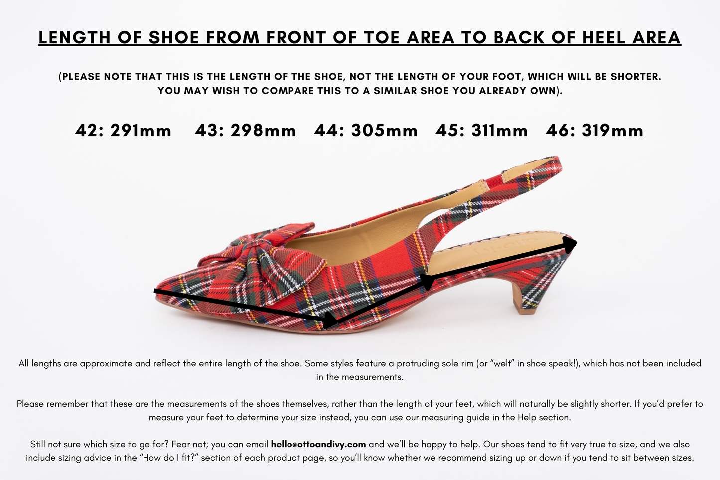 Measurement diagram displaying lengths of womens large size shoes in sizes 42,43,44,45 and 46.