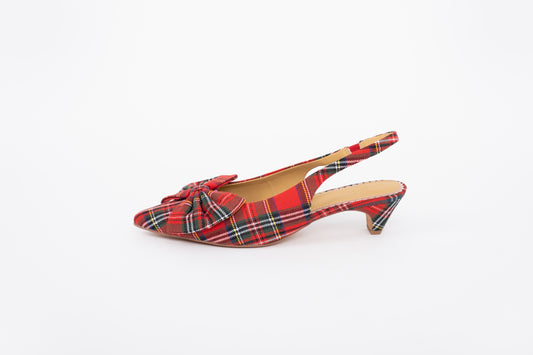 Side shot of tartan kitten heeled slingback shoe in womens larger sizes 8-12