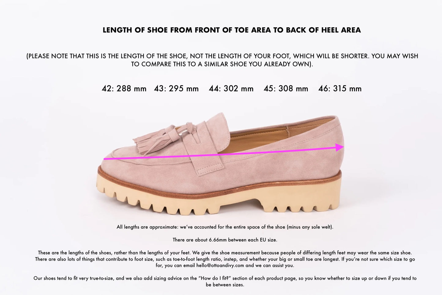 Length diagram of Dorothy loafers displaying measurements of shoe sizes 42 -46