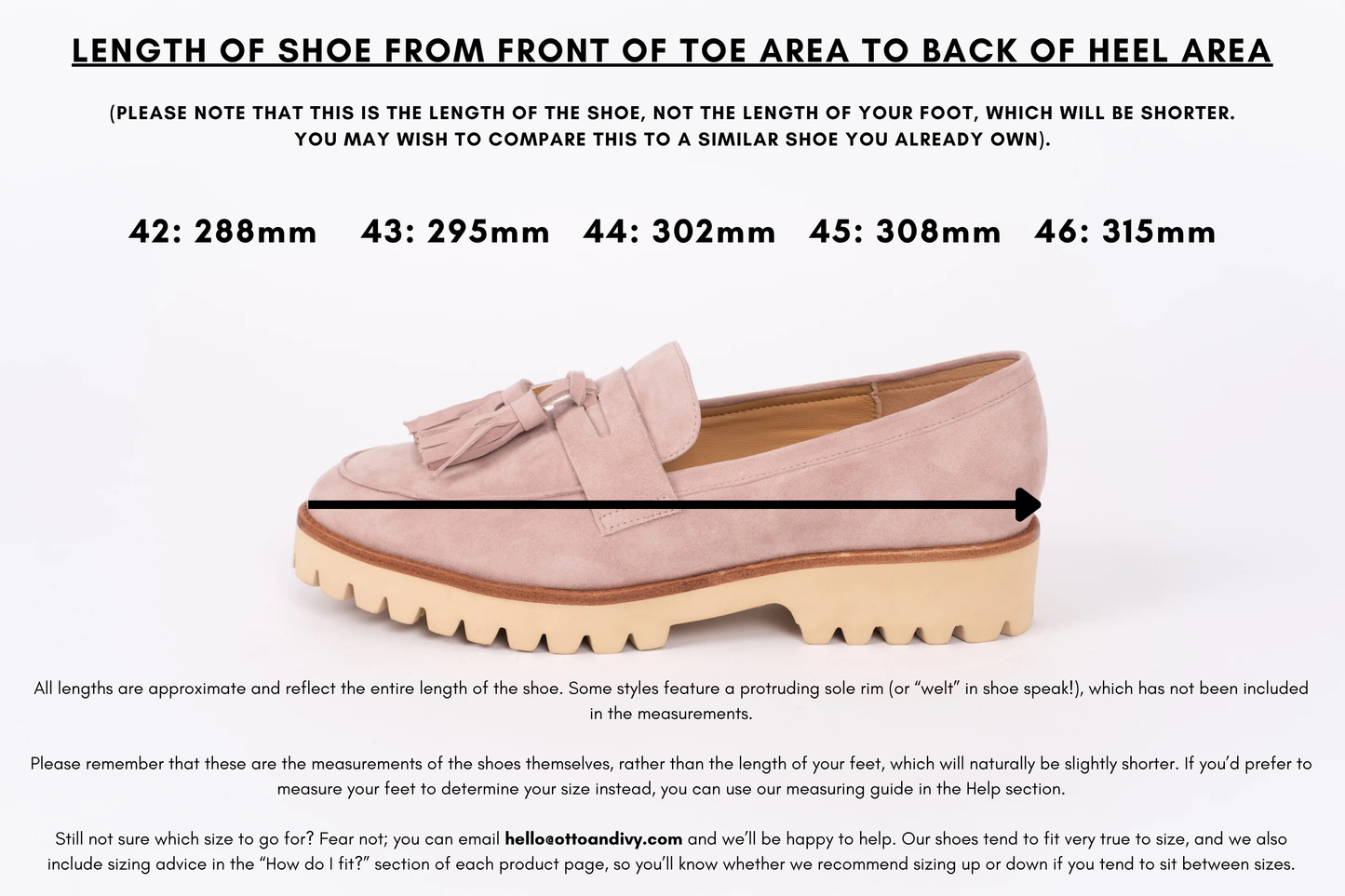 Measurement diagram displaying lengths of womens large size shoes in sizes 42,43,44,45 and 46.