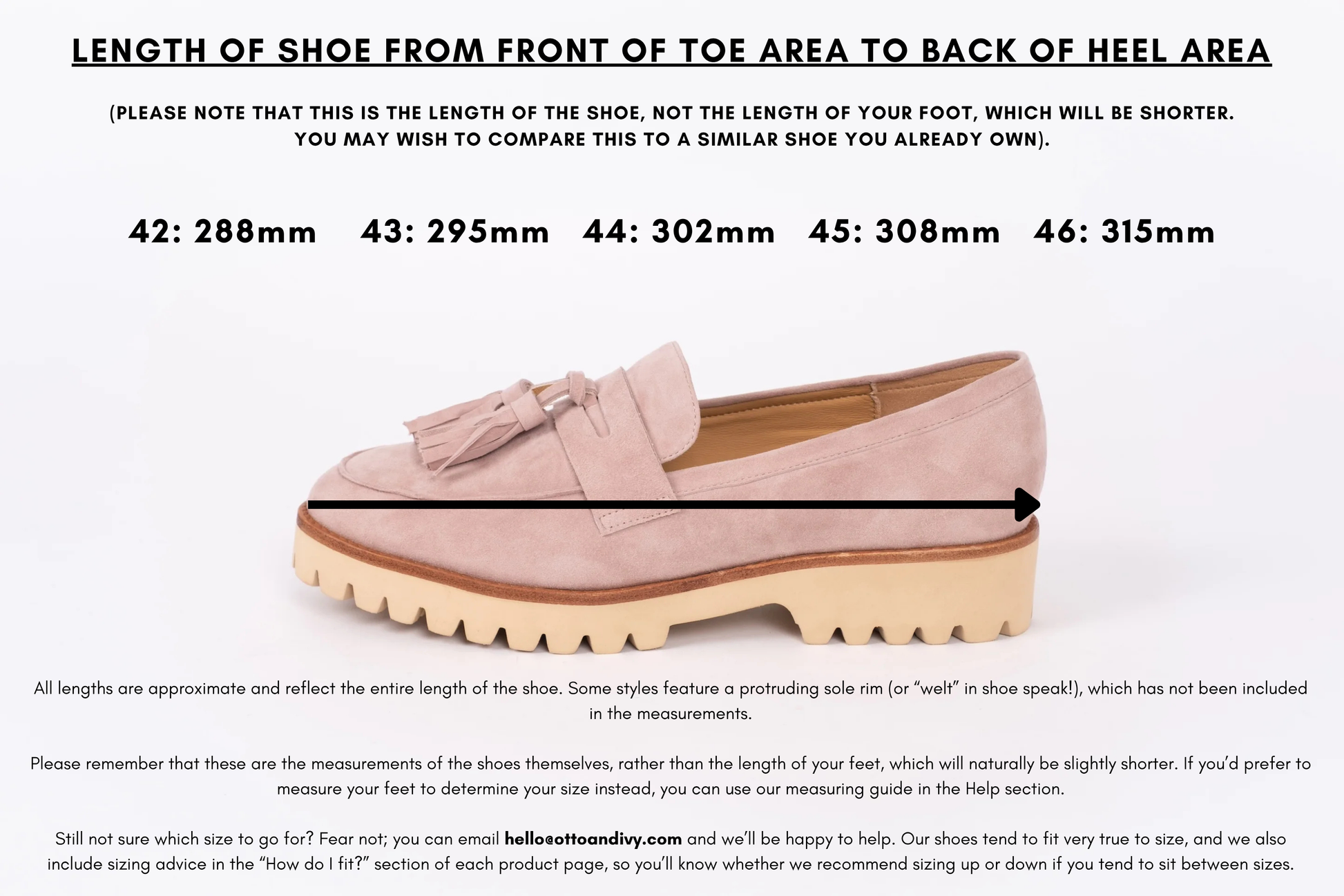 Measurement diagram displaying lengths of womens large size shoes in sizes 42,43,44,45 and 46.