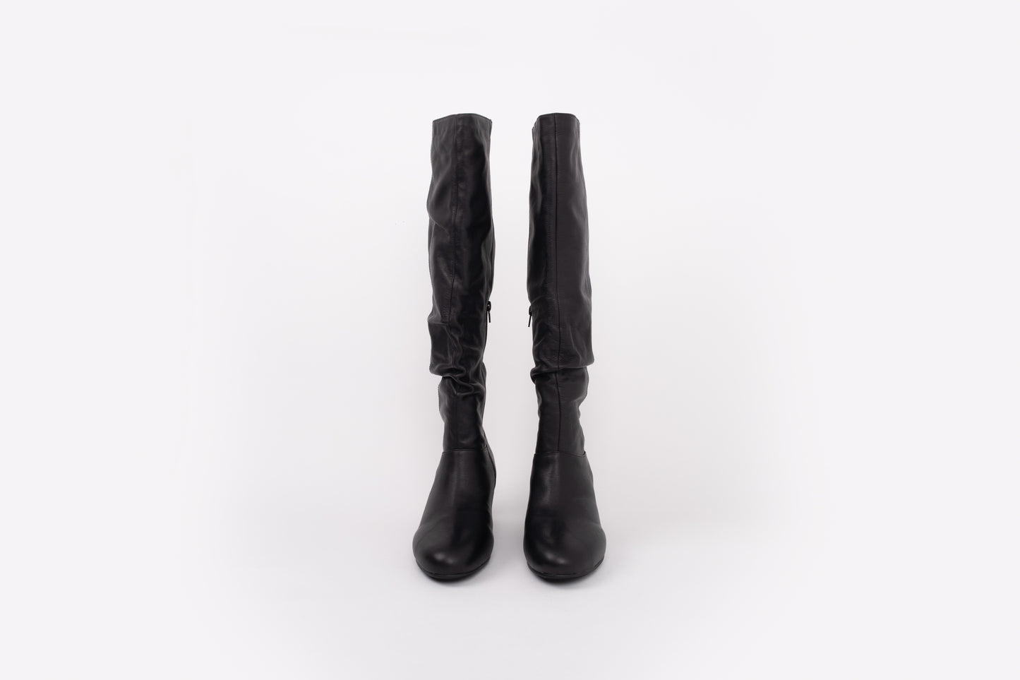 front shot of womens leather knee high slouch heeled ankle boot in larger sizes 42-46