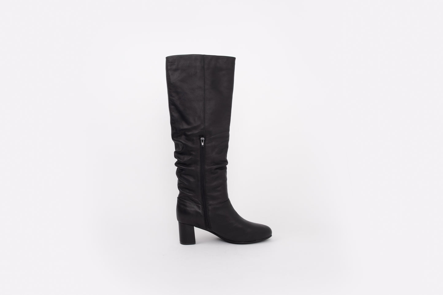 side shot of zip up knee high black leather heeled boots in larger sizes. standard and wide fit
