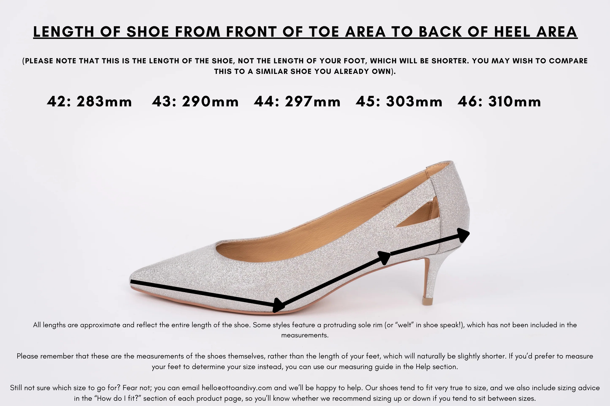 Measurement diagram displaying lengths of womens large size shoes in sizes 42,43,44,45 and 46.