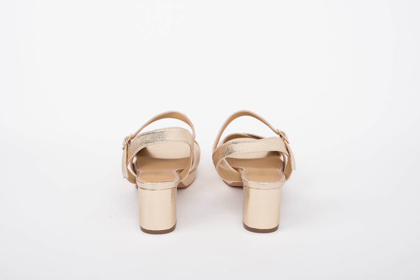 Back shot of gold block heeled leather sandal. available in sizes 42 43 44 45 46 wide fit